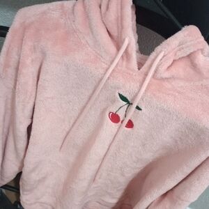 Pink Fuzzy Hoodie with Cherry Embroidery